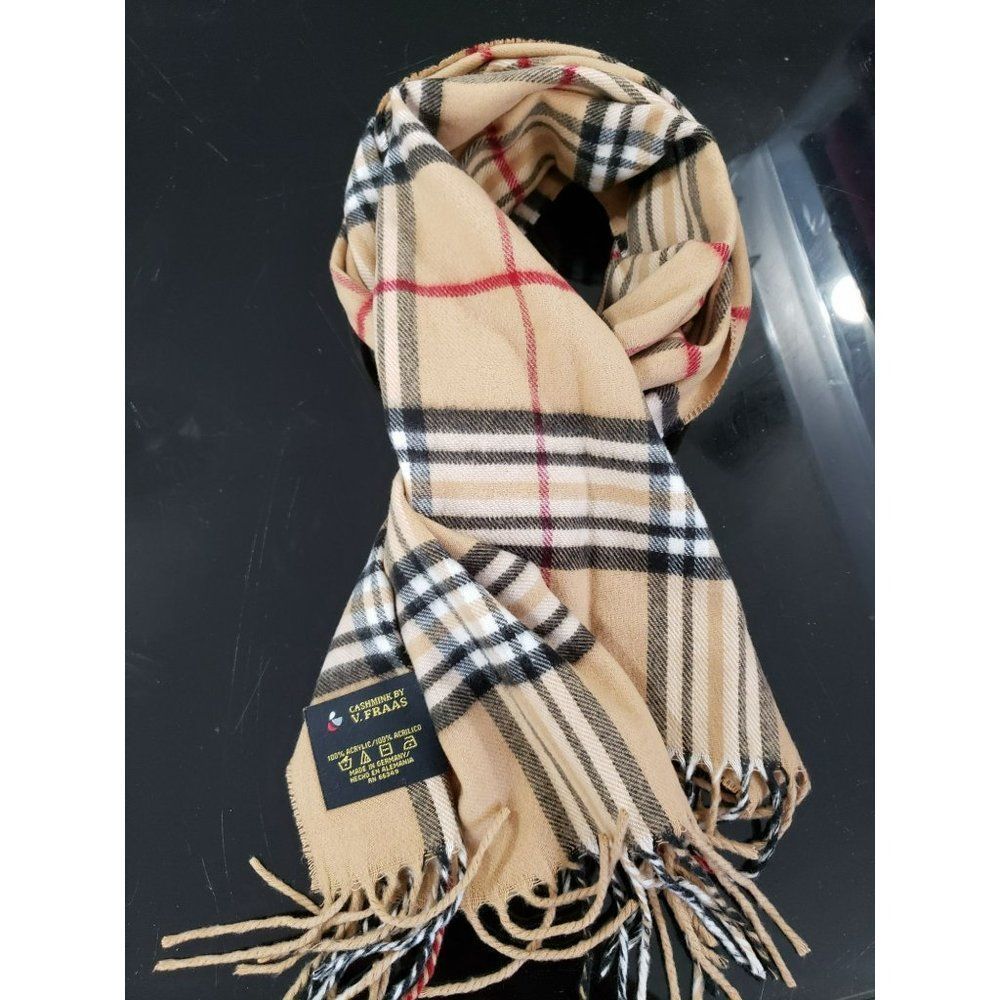 Cashmink by V.FRAAS made in Germany Plaid tartan TAN BLACK RED‎  fringe scarf